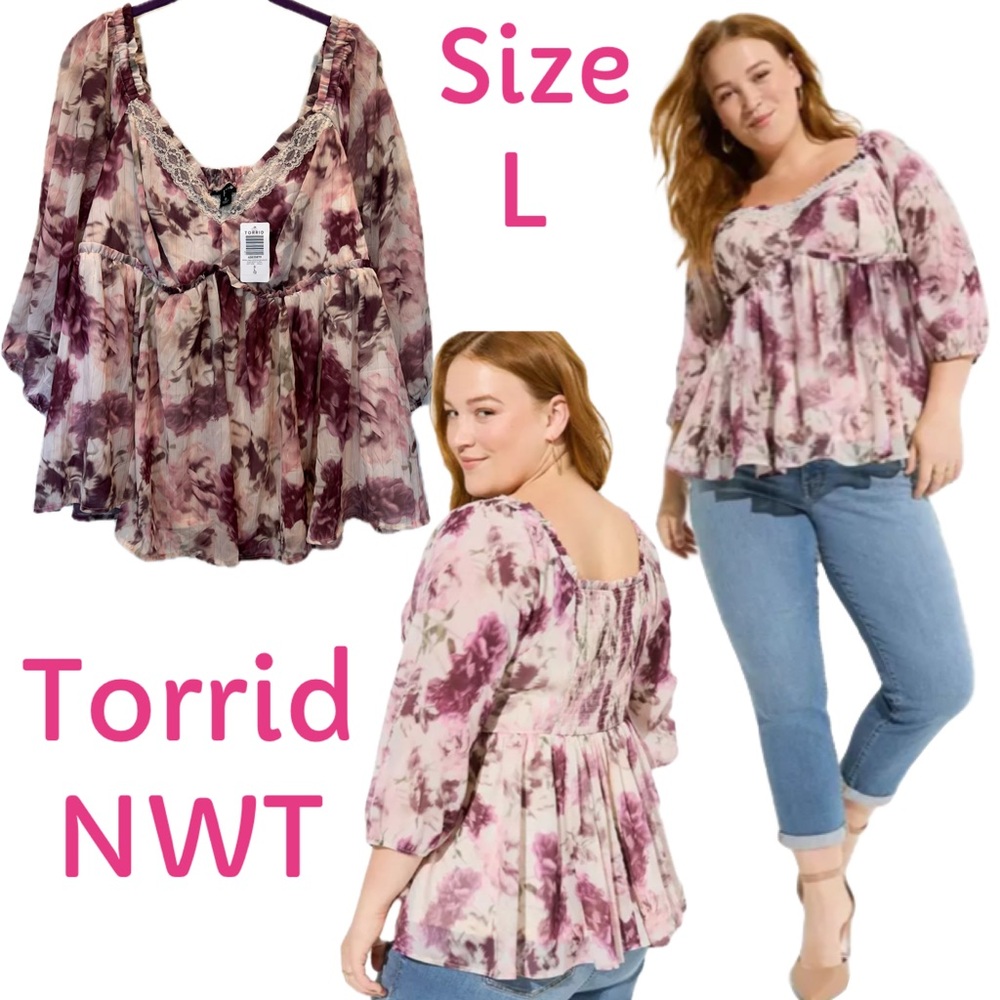 Torrid NWT L/12 Babydoll Crinkle Chiffon Blouson Sleeve Top